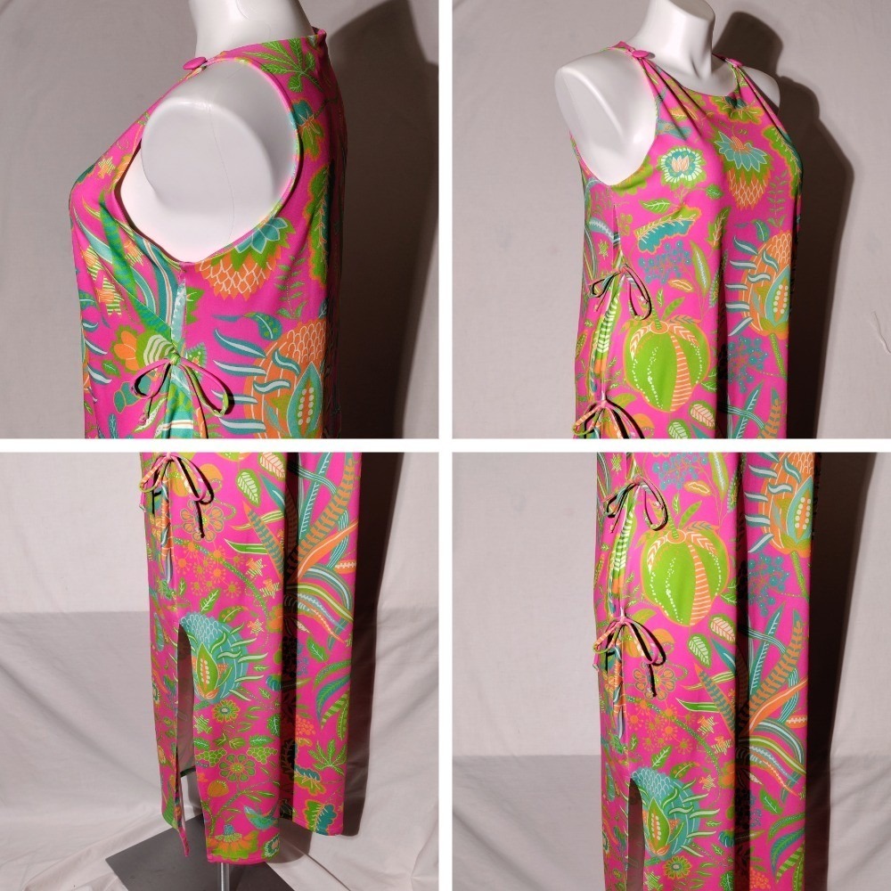 Gretchen Scott XL Pink Hummingbird Heaven Side Tie Sleeveless Maxi Dress Slit - Picture 5 of 10
